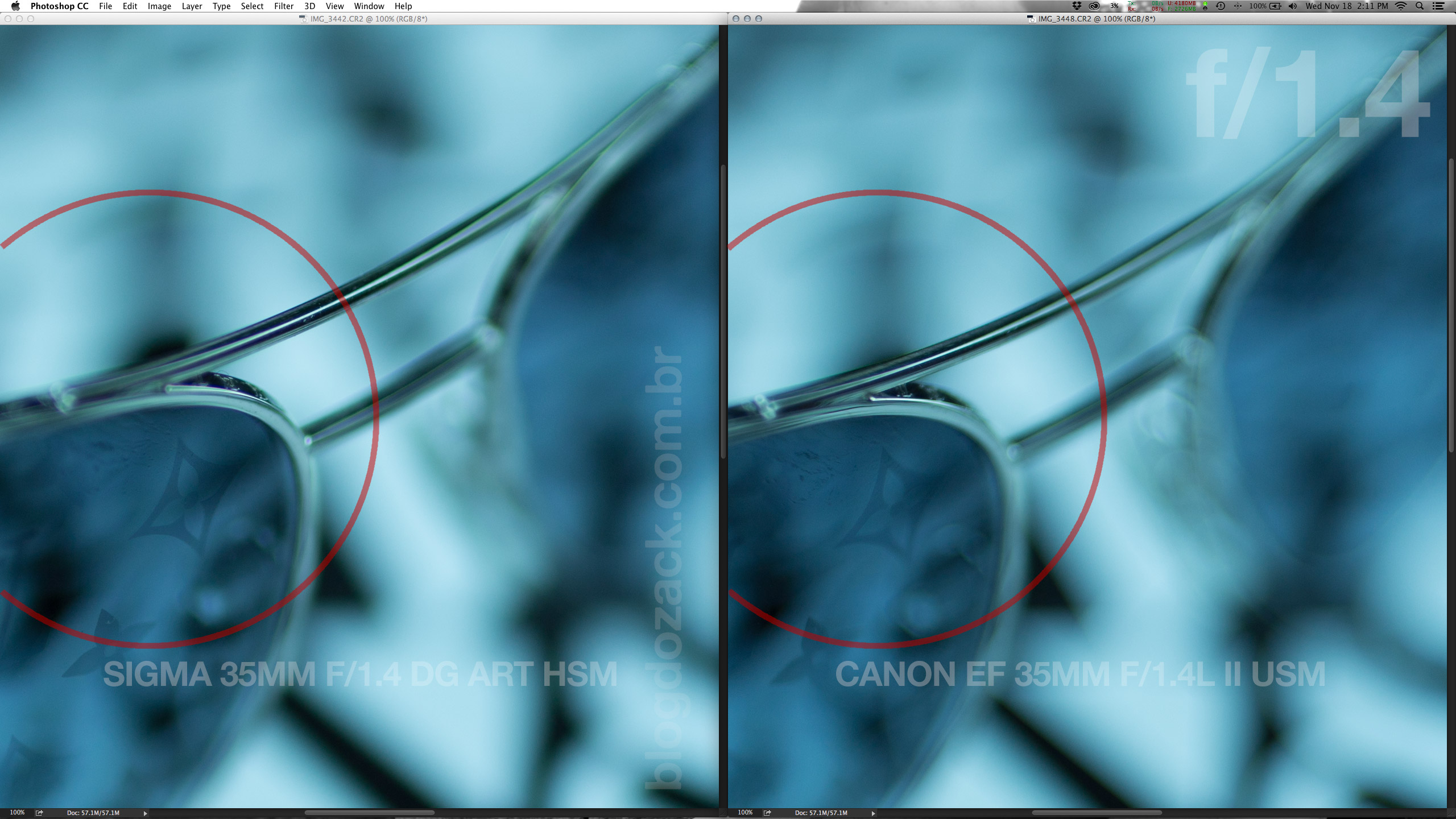 A vantagem do Canon Blue Refractive Optics fica clara na bolha roxa da haste do óculos, que é praticamente nula. A verde continua lá nas duas, mas a Canon de novo está na frente da Sigma.