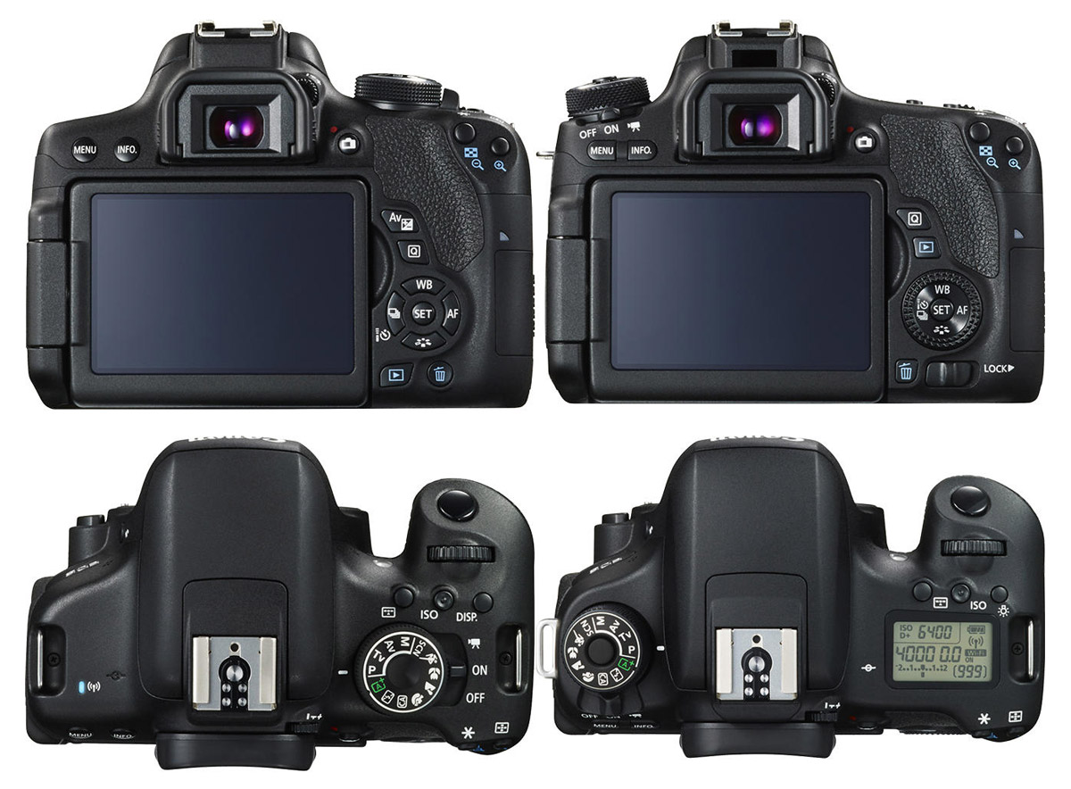Canon’s EOS T6i (left) and EOS T6s (right); notice the top LCD + thumb rear dial. [credits: Canon CPN]
