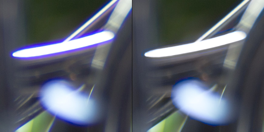 Crop 100%, antes (esquerda) e depois da correção da aberração cromática no Adobe Camera Raw.